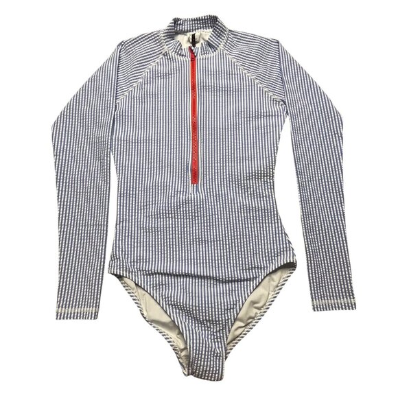 J.Crew Long Sleeve Striped Zip Rash Guard Swimsuit S Blue & White - Picture 1 of 9